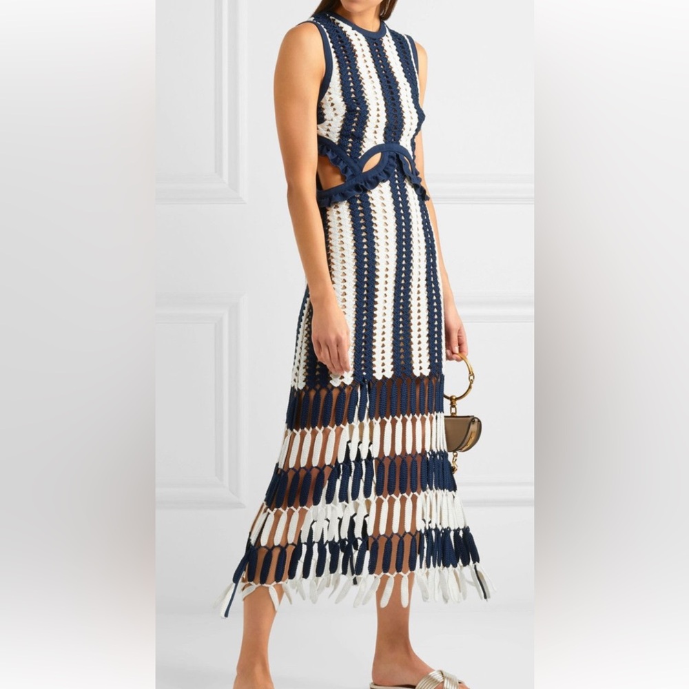 Self-Portrait Navy and White Midi Dress